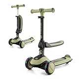 Kinderkraft Halley Scooter 2 in 1, Kinderroller ab 1 Jahr bis zu 50 kg, Tretroller, Dreirad Roller mit Klappbar Sitz, LED Räder, Höheverstellbare Lenker, Zusammenklappen, Modernes Design, Grün