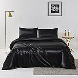 Chanyuan Bettwäsche Satin 135x200cm Schwarz Einfarbig Glatt Glänzend Bettbezug 2 Teilig Glanzsatin Polyester Sommerbettwäsche Set mit Kissenbezug 80x80cm