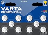 VARTA Batterien Knopfzellen CR2025, 10 Stück, Power on Demand, Lithium Coin, 3V, kindersichere Verpackung, für elektronische Kleingeräte - Autoschlüssel, Fernbedienungen, Waagen