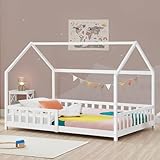 [en.casa] Kinderbett Hesel Hausbett Weiß 90 x 200 cm mit Rausfallschutz und Lattenrost Bodenbett Jugendbett Holzbett