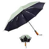 FATONESA Regenschirm Reverse Falten UV Schutz Winddicht Reflektierende Streifen Echtholz Griff Automatisch Öffnen Schließen Auto Regenschirm