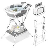 COOSEYA Baby Badewanne mit Gestell für 0-18 Monate, Faltbare Babybadewanne mit Stützpolster und Temperaturempfindlichem Ablassventil, Ideale Babywanne für Neugeborene, Bär-Design (Grau mit Gestell)