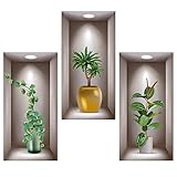 DOUSELLA 3 Stück 3D Wandsticker Vase Wandtattoo Wohnzimmer Vasen Grüne Pflanzen Wandaufkleber 3D Vinyl Wandabziehbilder Wandbilder Pflanze mit Vase 3D Pflanzen Wandbilder für Haus Wanddeko, 40x20cm