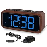 Wecker Laut für Tiefschläfer, Wecker Holz mit LED Anzeige, 12 Alarm-Klingeltöne, 5 Helligkeit Einstellbar, 5 Lautstärken, Manuelles DST, Braun Wecker Retro für Schlafzimmer
