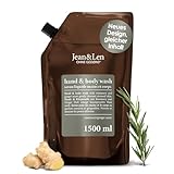Jean & Len Hand & Body Wash Rosemary und Ginger im Nachfüllbeutel, reinigt und pflegt die Haut, würzig-frischer Duft, Flüssigseife im Nachfüllpack, ohne Silikone, Parabene & Mikroplastik, 1,5L