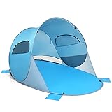 GYMAX Pop Up Strandzelt für 3-4 Personen, Automatische Strandmuschel UV-Schutz 50+, Wurfzelt mit Reißverschlusstür & Lüftungsfester, inkl. Tragetasche, für Camping am Strand (Blau)