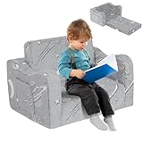 Kidirect Kindersofa Ausklappbar 2 in 1, Kinder Sofa Kinderzimmer aus Samt mit Schaumstoff, Kindercouch Kindersofa mit 8CM dicken Armlehnen, Sofa Kinder für Kuschelecke Kinderzimmer, Grau Sternenflug