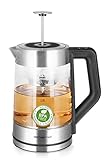 Emerio Glas Teekocher mit Temperaturwahl [50|70|80|90|100°C], WK-122730, Wasserkocher, manuelles Teesieb aus Edelstahl entnehmbar, Borosilikatglas, BPA frei, 1.7l Volumen, 2200 Watt, Silber