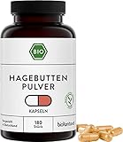 Hagebutten Kapseln BIO | 180 Stück vegane Kapseln | Hagebuttenpulver - 3000 mg je Tagesdosis | ohne Zusätze | hergestellt und laborgeprüft in Deutschland | bioKontor