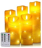 DANIP LED flammenlose Kerze, eingebettetes Lichterketten-Licht, 5-teiliges Set, 11-Knopf-Fernbedienung, 24-Stunden-Timer-Funktion, tanzende Flamme, echtes Wachs, batteriebetrieben. (Weiß)