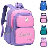 Personalisierte Schulrucksack Kinder mit Namen Aufsticken, Schule Kinder Rucksack für Mädchen & Jungen, Wasserdicht School Bag Schultasche Große Kapazität, Multi-Tasche Schulranzen (Violett, Kleine)