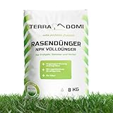 TerraDomi Rasendünger Frühjahr & Sommer 8 kg NPK 15-15-15 I Volldünger mit Langzeitwirkung I verdrängt Moos I für über 320 m² Rasen I streuwagengeeigneter Dünger | staubarm & mit extra Schwefel
