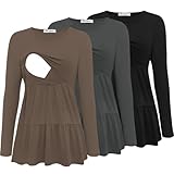 Bearsland Women’s Nursing Top 3pack Long Sleeve Scoop Neck Breastfeeding Shirts Nursing Shirt, Black & Iron Gray & Tea Brown, L