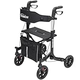Rollator Faltbar und Leicht mit Sit: Rollator Schmal für Wohnung Klappbar Gehwagen für Senioren - Rollatoren Reiserollator Aluminium mit Griff Höhenverstellbar für Draußen Langlauf (Schwarz)