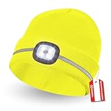 Gebol LED-Haube - Polyacryl, Mütze mit Licht & Reflektor, Winter-Kopfschutz, USB-Aufladbar mit 4 Leuchtstärken & Reflexionsstreifen, Gelb