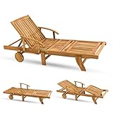 Muntel Sonnenliege Klappbar Wetterfest Holz Gartenliege 160kg Belastbar mit 2 Räder Ablage Tisch Liegestuhl, Auf Rollen, Verstellbar, Wetterbeständig, Ausziehbarer Tisch, 193 x 70 x 30 cm