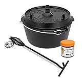 Petromax Feuertopf (Dutch Oven) Set´s (FT9, planer Boden) | Original Gusseisen | mit Deckelheber und Pflegepaste | ohne Einbrennen | Einsteiger-Set | robust & vielseitig