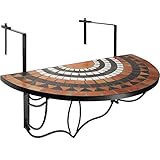 tectake® Balkonhängetisch Mosaik, halbkreisförmiges Design, Balkontisch klappbar, Massive Steinmosaik-Tischplatte, Balkontisch mit Metallhaken, Hängetisch für Terrasse und Balkon - Terracotta/weiß