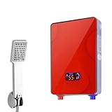 6500W Mini Elektrische Durchlauferhitzer, Elektrische Warmwasserbereiter mit Handbrause & LED-Digital-Temperaturanzeige,230V Tankless Durchlauferhitzer Niederdruck für Badezimmer Küche (Rot)