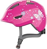 ABUS Kinderhelm Smiley 3.0 - Fahrradhelm mit tiefer Passform, kindergerechten Designs & Platz für einen Zopf - für Mädchen und Jungs - Pink mit Schmetterlings-Muster, Größe M