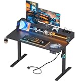 OffiGo Gaming Tisch, Höhenverstellbarer Schreibtisch mit RGB LED & Steckdosen, elektrischer Schreibtisch mit 3 offene Stauräume, Getränke & Kopfhörerhalter, Kohlefaseroberfläche Schwarz