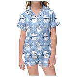 Kinder-Pyjama-Set mit klassischem Weihnachtsdruck Button-Down-Kragen, kurzärmligem Oberteil Shorts Bademantel Jungen Flauschig Schlafanzug Damen Mit Leggings