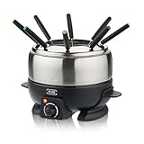 KHG Elektro-Fondue FO-800SE mit Edelstahl-Topf 1,8 L Silber für bis zu 8 Personen, variable Temperatureinstellung, 25x16cm Ideal für Fleisch, Käse oder Schokolade mit 8 Gabeln Spritzschutz 800 W