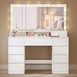 VASAGLE Kailyn Kollektion - Schminktisch, 3-teiliger Spiegel, Frisiertisch 11 Glühbirnen, Steckdosen, 9 Schubladen, 3 Lichtfarben, werkzeuglose Montage der Schubladenschienen, wolkenweiß RDT146WB01