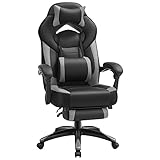 SONGMICS Ergonomischer Gamer-Sessel, Gaming-Stuhl, Bürostuhl, mit Teleskop-Fußstütze, verstellbare Kopfstütze, Lendenwirbelstütze, Tragkraft 150 kg, Grau und Schwarz OBG77BG