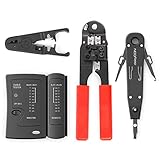 deleyCON Netzwerk Werkzeug Set 4-teilig mit Tasche LSA Auflegewerkzeug Abisolierzange Kabeltester Crimpzange für IT Computer Netzwerk LAN CAT Werkzeug RJ11 RJ12 RJ45 Schwarz Rot