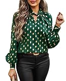 BAISHENGGT Mobius's Sternenhimmel Blusen Tuniken Damen Elegant Chiffon Stehkragen Puffärmel Gold Hot Stamping Dating Party Bluse Oberteile Grün XL