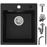 CECIPA Spülbecken Schwarz Granit 40x45cm, Spüle Schwarz, Küchenspüle Rechteckig, Moderne Einbauspüle Granit, Waschbecken Küche, Spülbecken Küche Klein, Einzelbecken mit 2 HahnLöcher, 1 Becken
