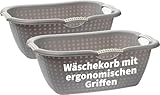 Wäschekorb 2er Set, 28 Liter - Wäschewanne Groß mit ergonomischen Griffen, Robuster Wäschekorb Plastik, für Innen- und Außenbereich, 60 x 40 x 22 cm, Grau, Made in EU