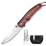 YANC Klappmesser Damastmesser mit Holzgriff Messerschärfer Signalpfeife, Klein Einhandmesser Taschenmesser Outdoor Damast Messer VG10 Edelstahl Liner Lock für Angeln Camping Notfall Wandern