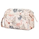 Narwey Reise Kosmetiktasche Schminktasche Make-up-Tasche mit Große Weit Offener Tasche für Damen Frauen(Beige Flamingo)