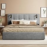 Polsterbett 140x200cm, Doppelbett mit Leselampe, Hydraulisch Stauraumbett mit USB und Type-C Ladefunktion, Funktionsbett Bettgestell mit Kopfteil und Lattenrost, Jugendbett, Samt (Grau, 140*200)
