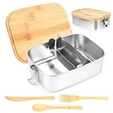 Dadabig Bento Lunchbox, Brotdose Edelstahl mit Fächern Brotzeitdose mit Trennwand Metalldose mit Holzdeckel Lebensmittelbehälter für Erwachsene Kinder(1200ml)