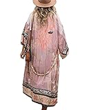 Bsubseach Sexy Strand Coverups Langarm Kimonos Sommer Strickjacken für Damen Pink Print Strandkleid mit Gürtel