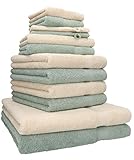 Betz 12-TLG. Handtuch Set Premium 100% Baumwolle 2 Duschtücher 4 Handtücher 2 Gästetücher 2 Seiftücher 2 Waschhandschuhe Sand/heugrün