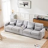 GULFXDS Sofa Wohnzimmer, Big Sofa XXL, 4-Sitzer-Couch mit 4 Lendenkissen und Konsole, Modernes Design mit Leinenbezug & Aufbewahrungstaschen, Geeignet für Wohnzimmer/Großer Wohnraum(Grau-1)