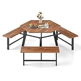 COSTWAY Picknicktisch Set für 6 Personen, Gartentisch aus Akazienholz mit Schirmloch & 3 Bänken, Terrassenmöbel, Gartenmöbel, Sitzgruppe, Sitzgarnitur für Garten, Terrasse
