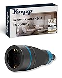 Kopp Schutzkontaktkupplung wiederanschließbar IP20 in Schwarz/Blau – Bruchfeste Gummikupplung für Kabel bis 3×1,5 mm² – 16 A / 250 V~ – Schraubklemmen & halogenfreies Gehäuse für Innen- & Außenbereich