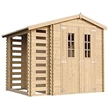 TIMBELA Gartenhaus Holz Mit Brennholzschuppen M386C - Geräteschuppen Holz B272xL206xH218 cm/ 3,53 + 0,97 m2 Lagerschuppen - Fahrradgarage Holz Wasserfestes Dach