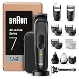 Braun All-In-One Trimmer-Set 7, 17-in-1 Multigroom, Barttrimmer, Nasenhaartrimmer, Haarschneidemaschine für Gesicht, Kopf und Körper, 100 Min Akku, 14 Längen (3–21 mm), Wasserdicht, MGK7491, Schwarz