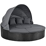 Juskys 2in1 XXL Polyrattan Sonneninsel + Sitzgruppe Puerto Plata Ø 210 cm - Sonnenliege mit Dach, Kissen, Tisch, Hocker - Liegeinsel Lounge wetterfest