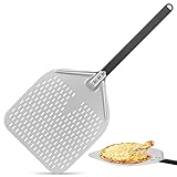 CRROEL Perforierter Pizzaschieber, 12 Zoll Perforiert Pizzaschaufel aus Hart Eloxiertes Aluminium mit Verbrühungshemmend Griff, Pizzaheber für hausgemachte Pizza,Brot,Kuchen