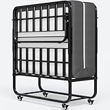 Brinlawb Klappbett 90x200cm mit 13cm dicker Memory-Schaum-Matratze, Gästebett klappbar mit 4 flexiblen Rädern, fester und stabiler Klappbettrahmen aus Metall – trägt bis zu 200 kg einfach zu montieren