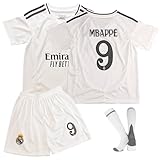 Oirigaga Fussball Trikot Kinder Set, Madrid-Heim Nr.9 Fußballtrikot für Jungen Mädchen von 10-11 Jahren, Atmungsaktives und Schnelltrocknendes Fußball Trainingstrikot mit Kurzarm Shorts Socken, Weiß