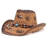 Unisex Cowboyhut Westernhut Strohhut Sommer Sonnenschutz Panama Hut Fedora breite Krempe Anti-UV Sonnenhut Strand Schnitt Atmungsaktiv Jazz Cap für Männer Frauen, coffee, 56/58 cm