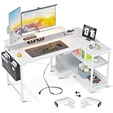 KKL L-förmiger Schreibtisch mit USB-Ladeanschluss & Steckdose, Eckschreibtisch Gaming mit Regalen Reversibel, L-förmiger Computertisch mit Monitorständer für Büro, Heimbüro (120x80x88cm, Weiß)